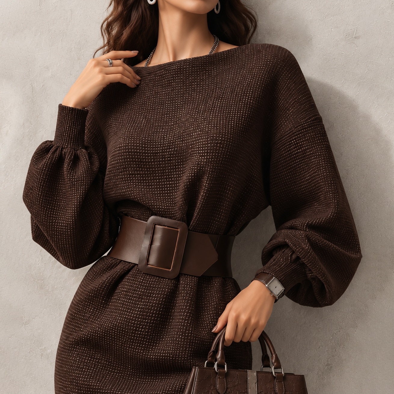 Waist-Cinched Brown Textured Mini Dress