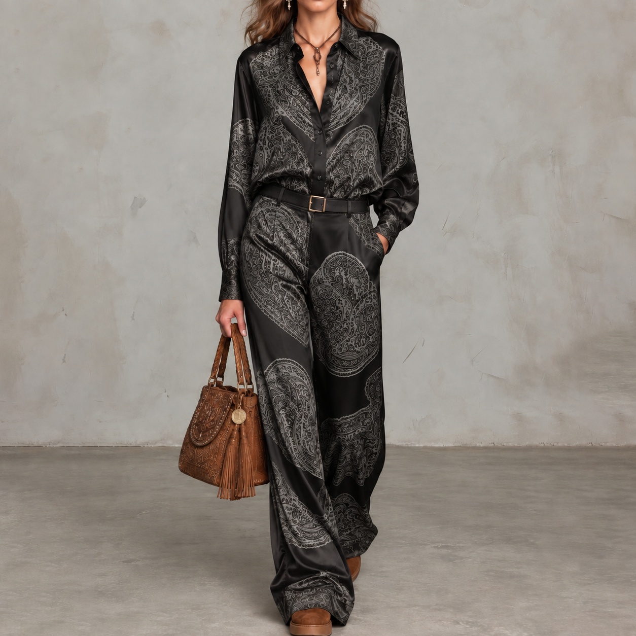 Paisley Print Long-sleeve Shirt And Wide-leg Trousers Set