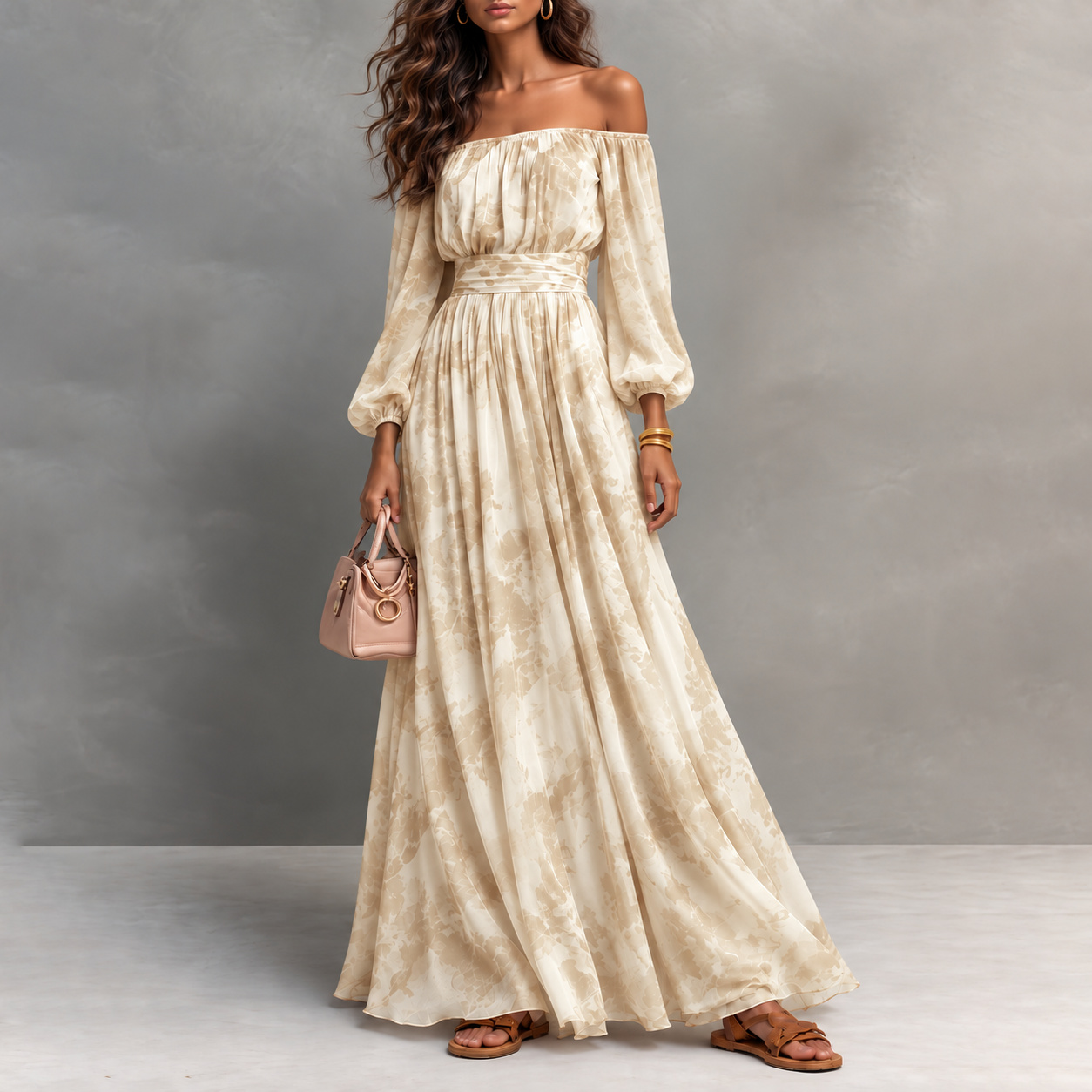 Elegant Off-the-shoulder Long-sleeve Printed Chiffon Top Maxi Dress