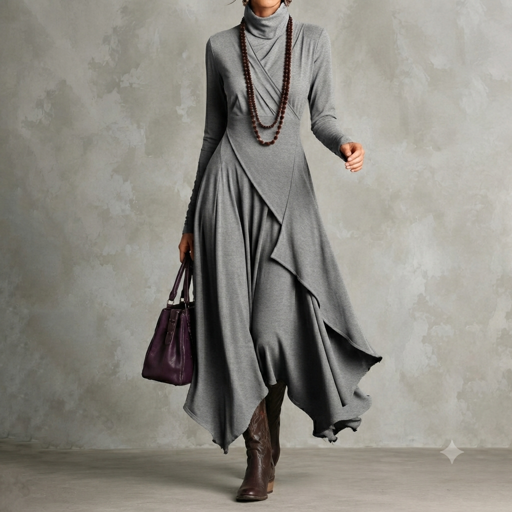 Retro Solid Color Long-sleeved Turtleneck Maxi Dress