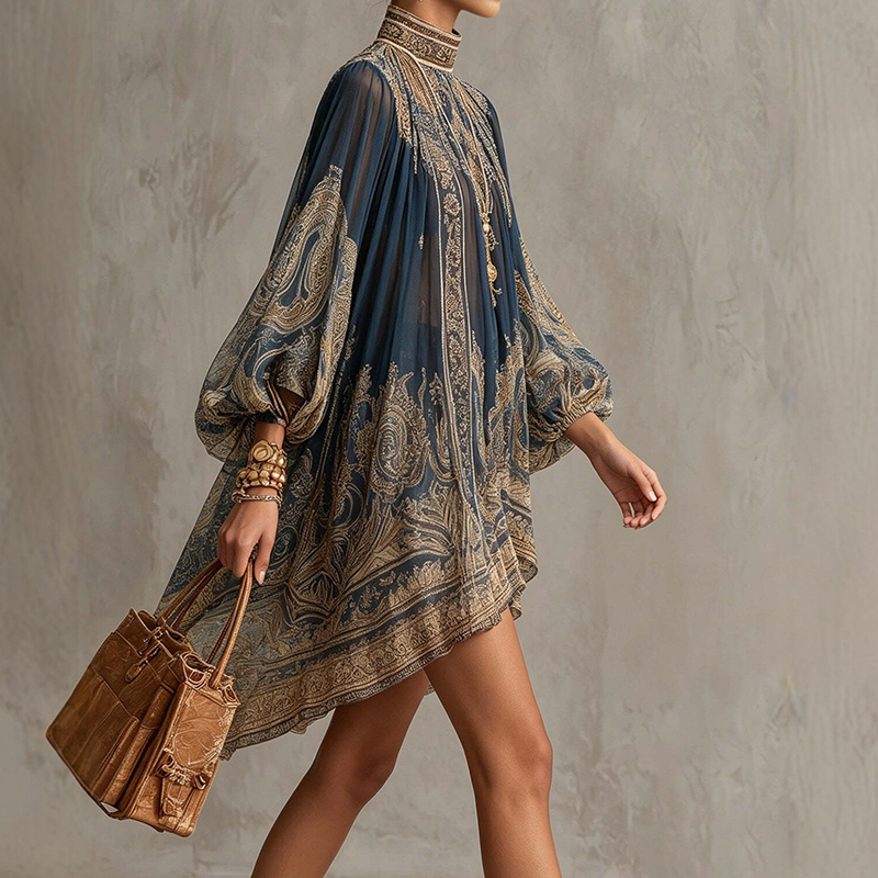 Elegant Print Long Sleeve Loose Mini Dress