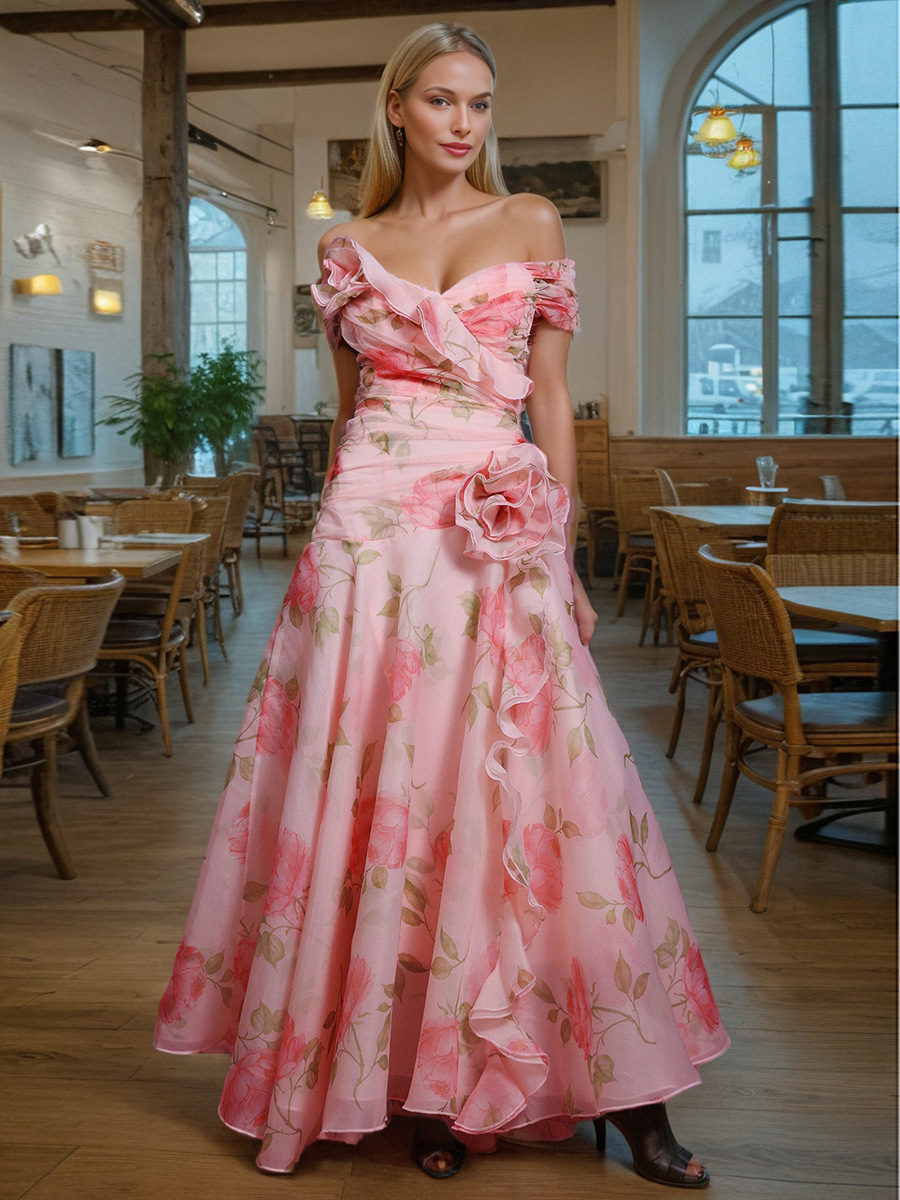 French Retro Floral Waist Casual Printed Off Shoulder Dress