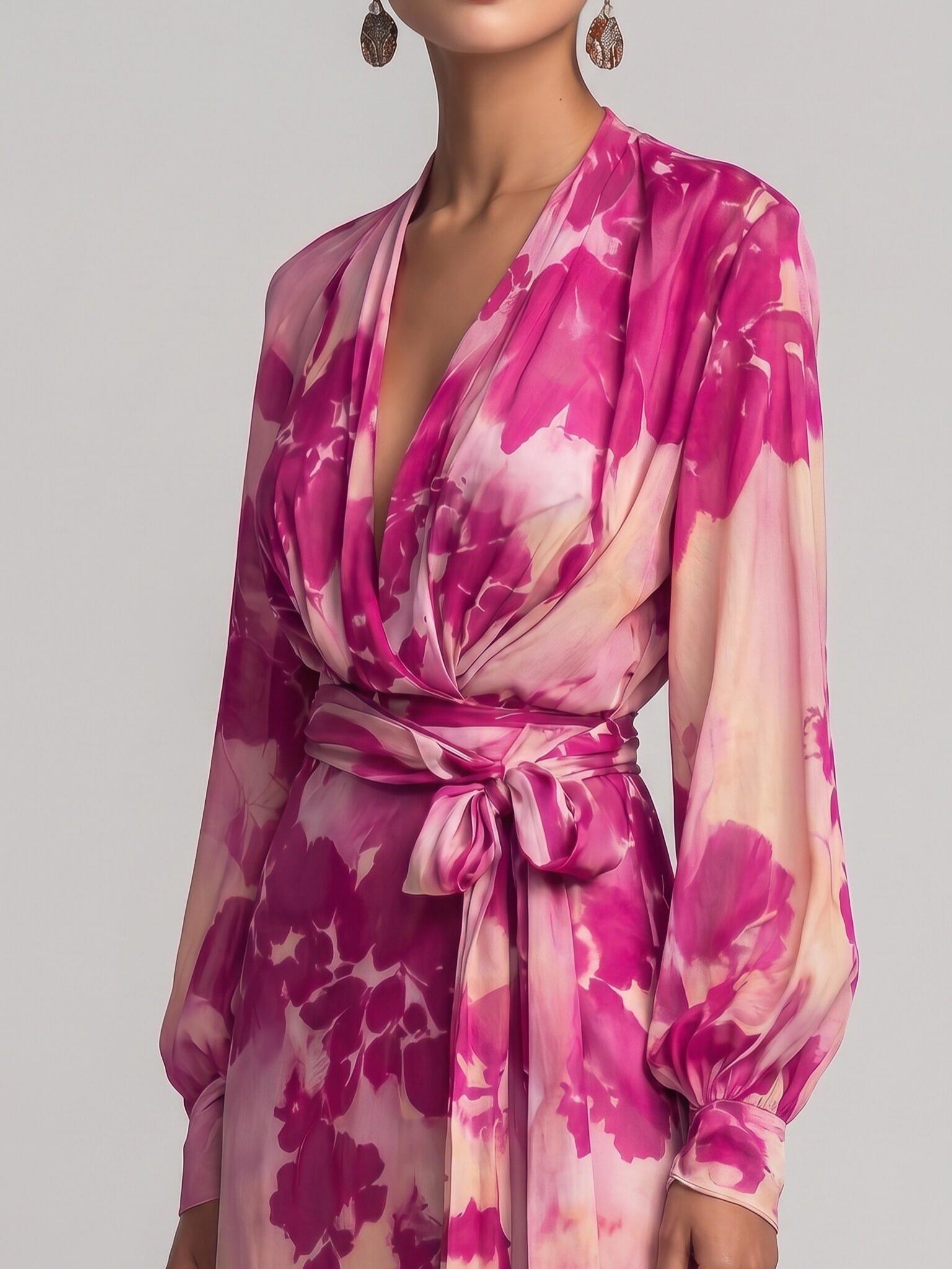 Elegant Printed Chiffon Long-sleeved V-neck Tie Dress