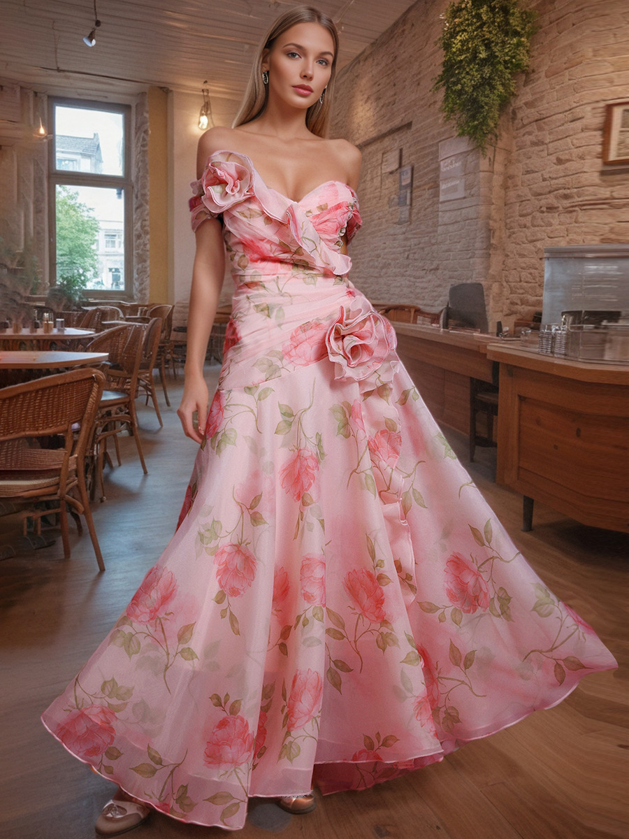 French Retro Floral Waist Casual Printed Off Shoulder Dress