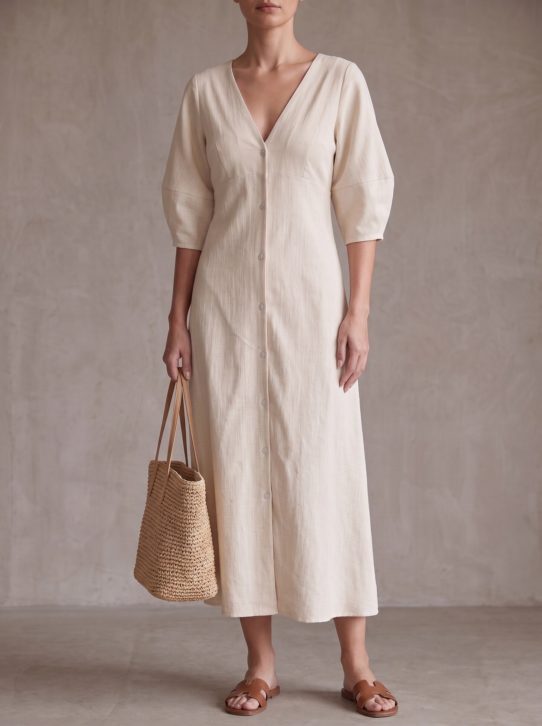 Vacation Cotton Linen Puff Sleeve V-neck Maxi Dress