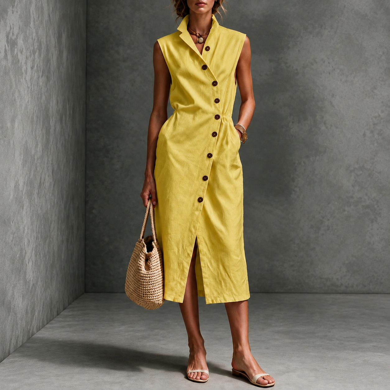 Vacation Sleeveless Lapel Asymmetric Button Midi Dress