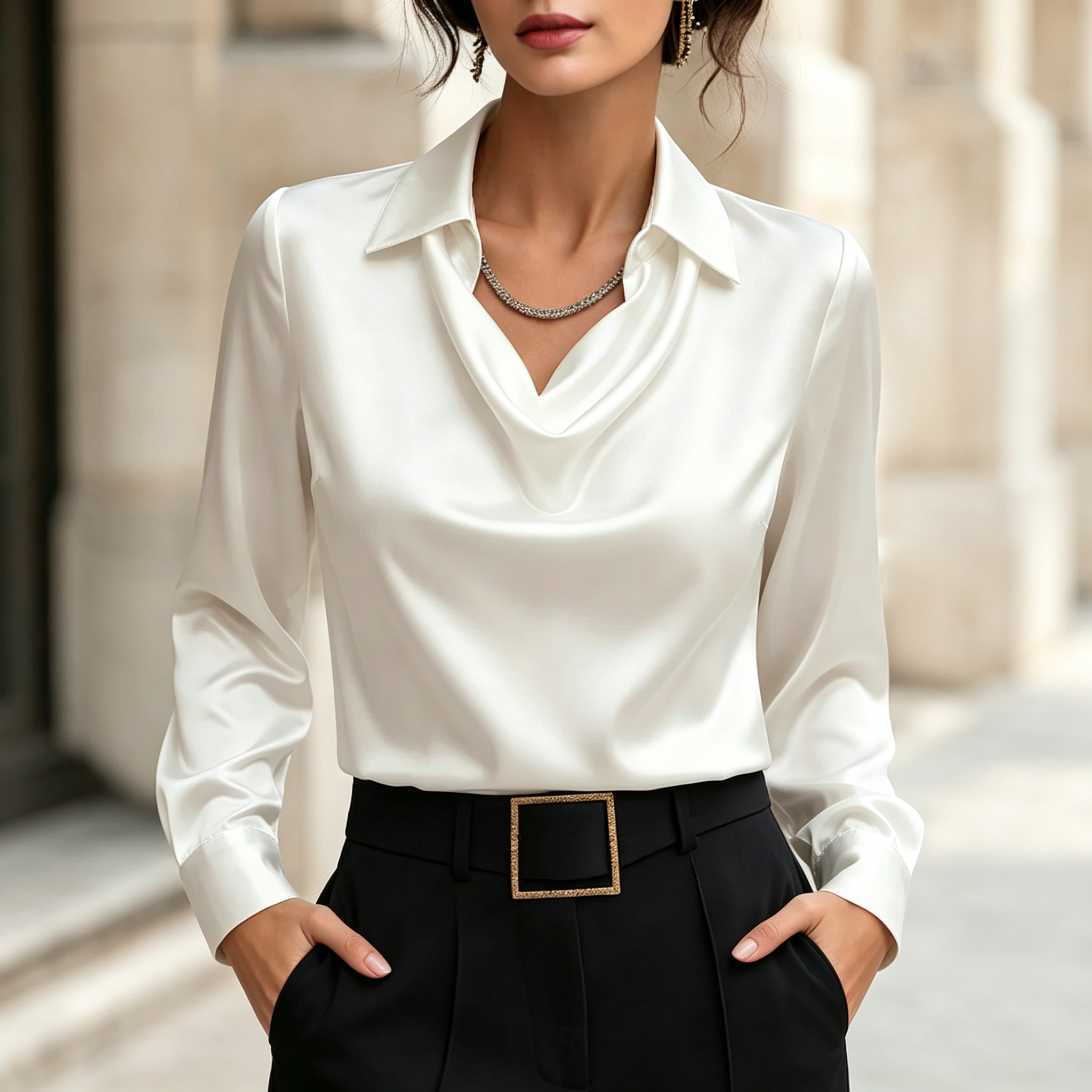 Elegant Satin Shirt Collar Blouse