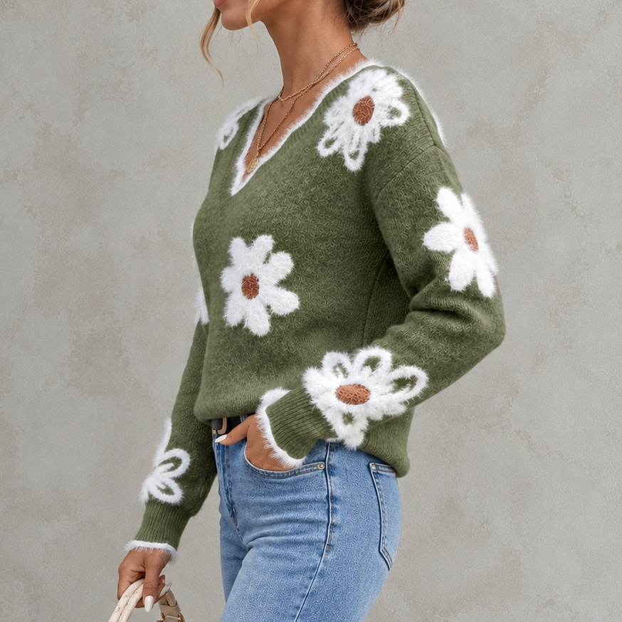Elegant Floral Jacquard Knit V-neck Sweater