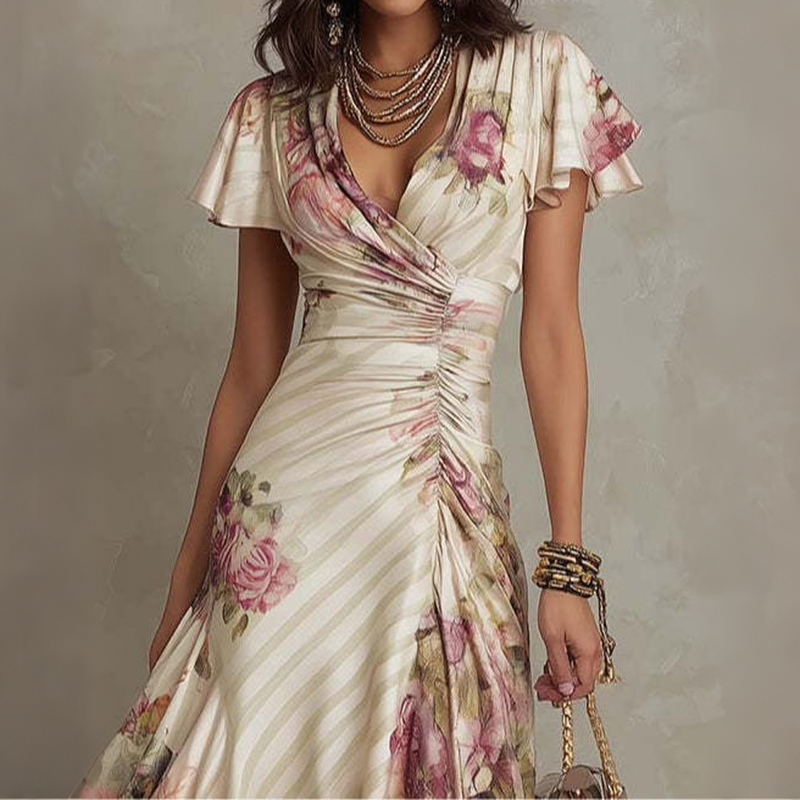 French Print Pleated Floral Elegant Dress
