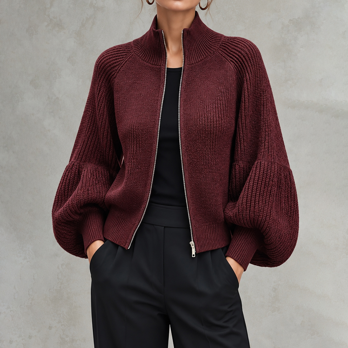 Lantern Sleeves Cropped Zip-up Knit Cardigan