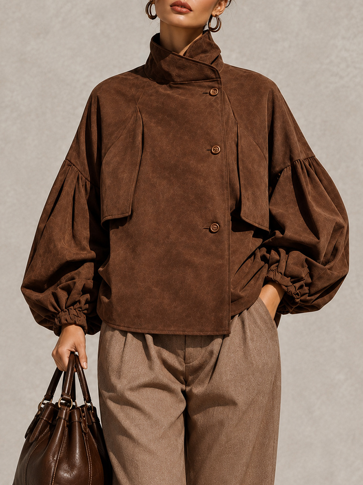 Faux Suede Stand Collar Lantern Sleeves Jacket 