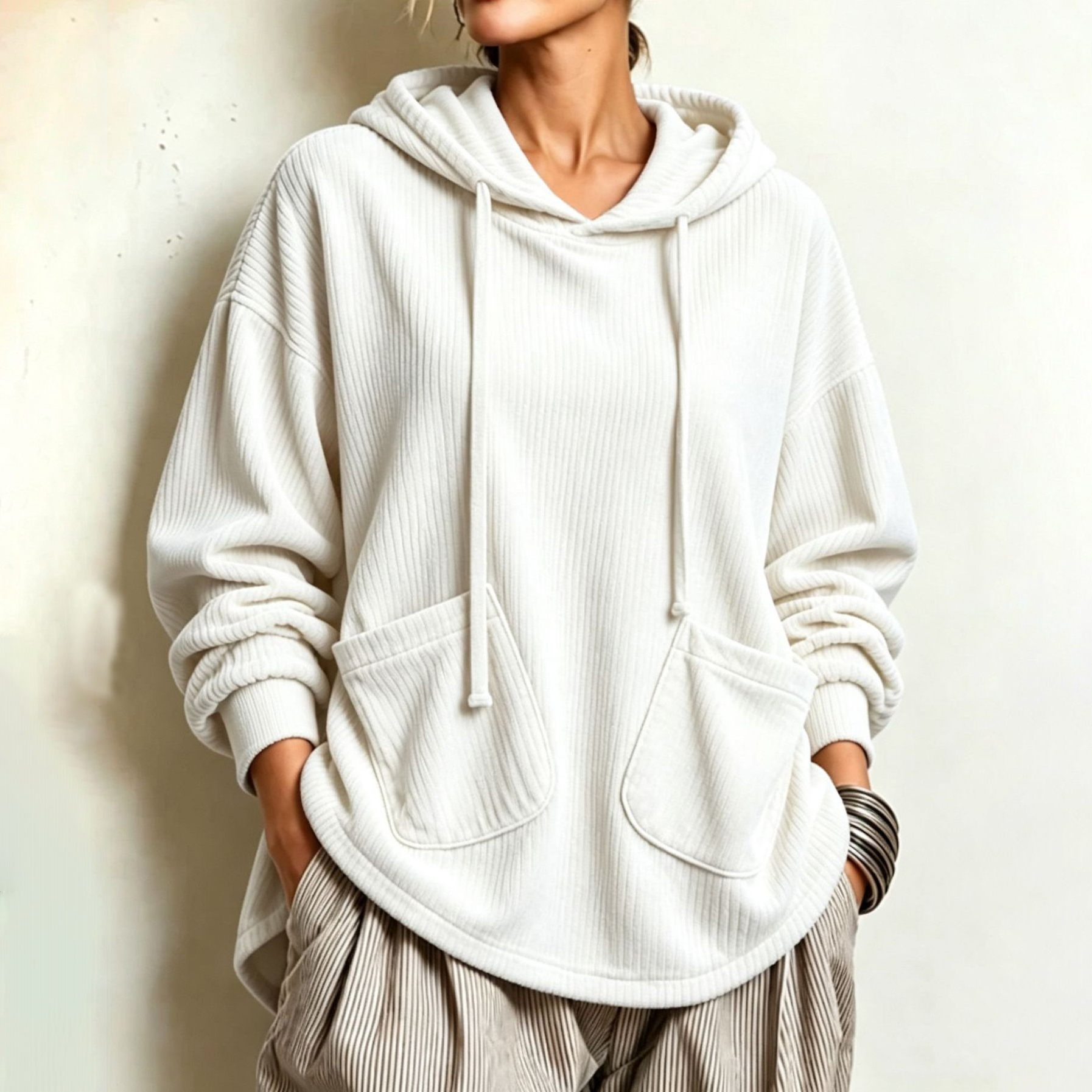 Women's Fall Winter Cozy Pocket Corduroy Hooded Top