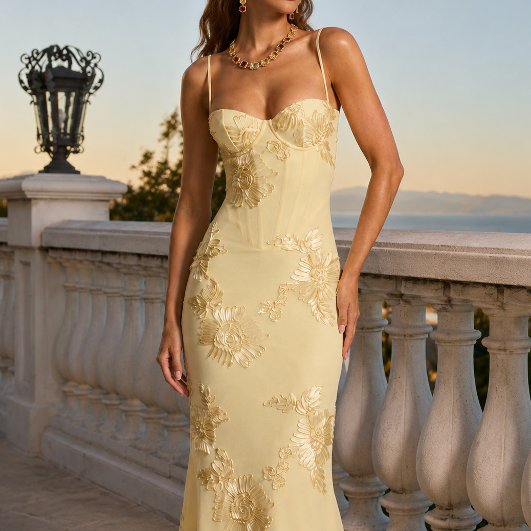 Elegant Fitted French Backless Solid Color Jacquard Evening Dress
