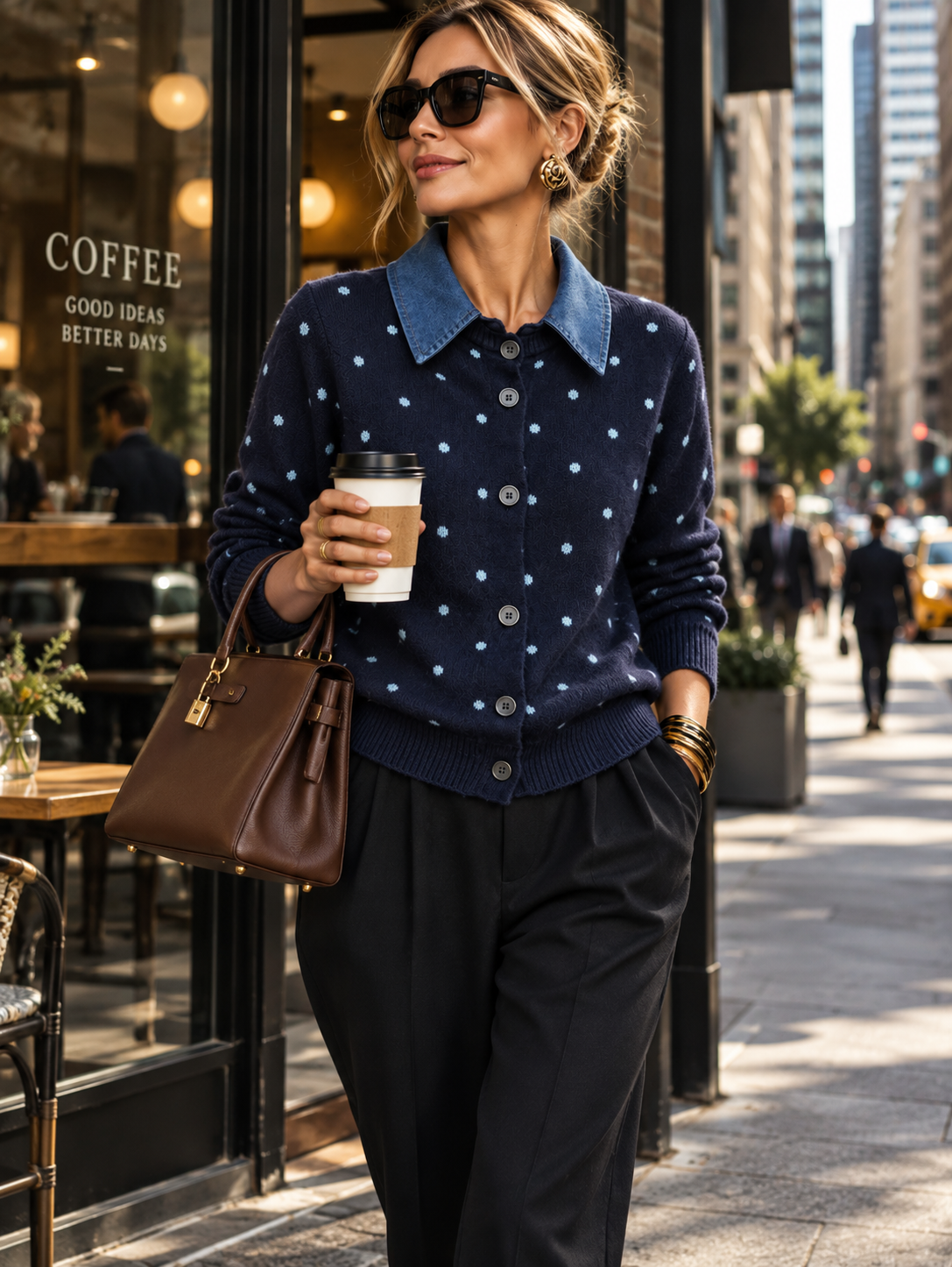Women's Fall Winter Cozy Polka-dot "faux-layered" Denim Polo Collar Buttons Knit Cardigan
