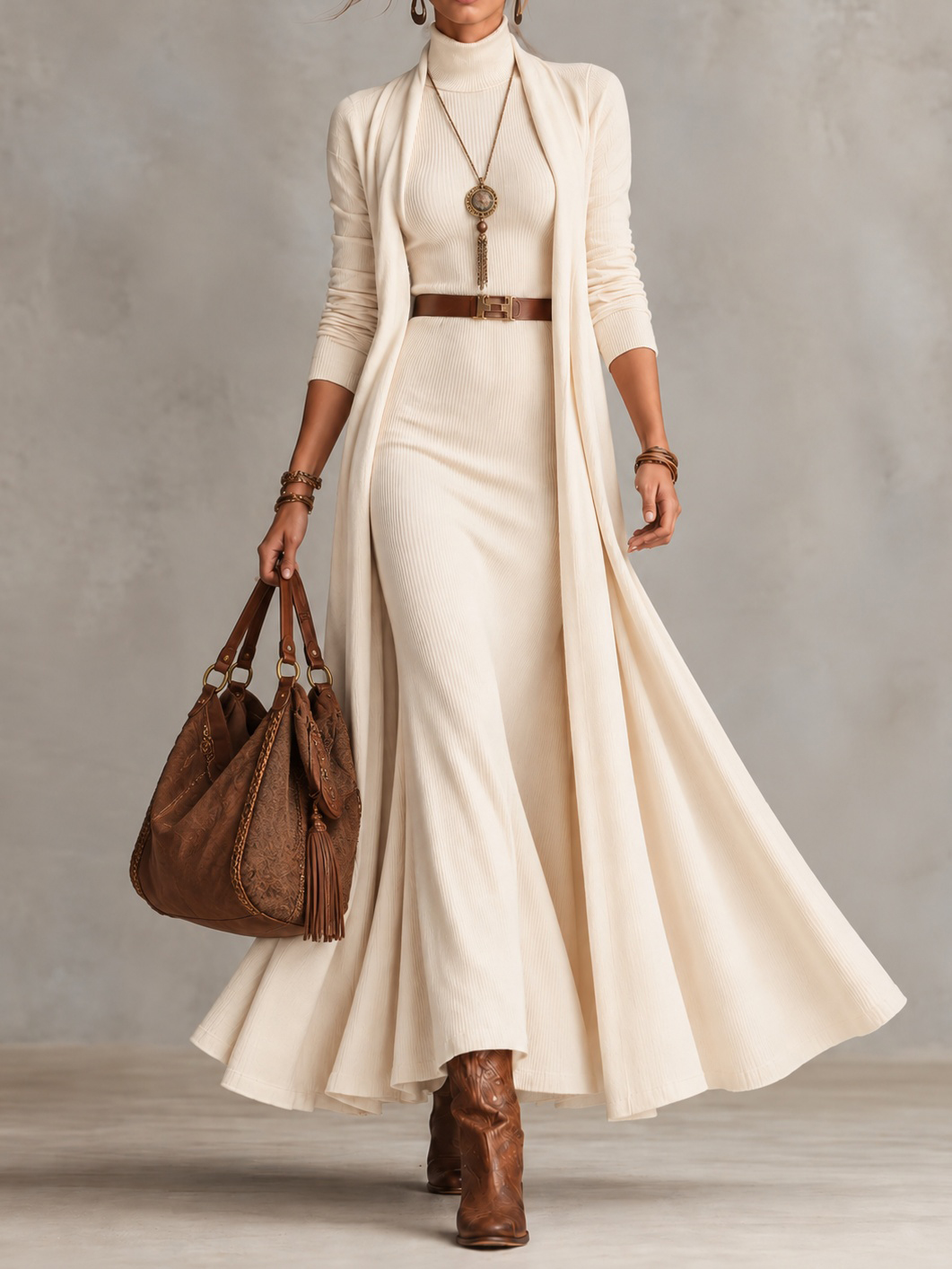 Elegant Turtleneck Dress And Cardigan Sweater Set
