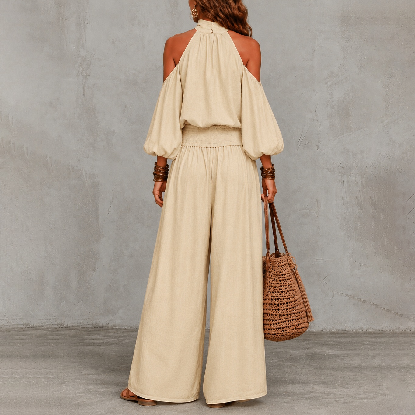 Elegance Long-sleeved Openwork Top And Gathered Trousers Two-piece Set