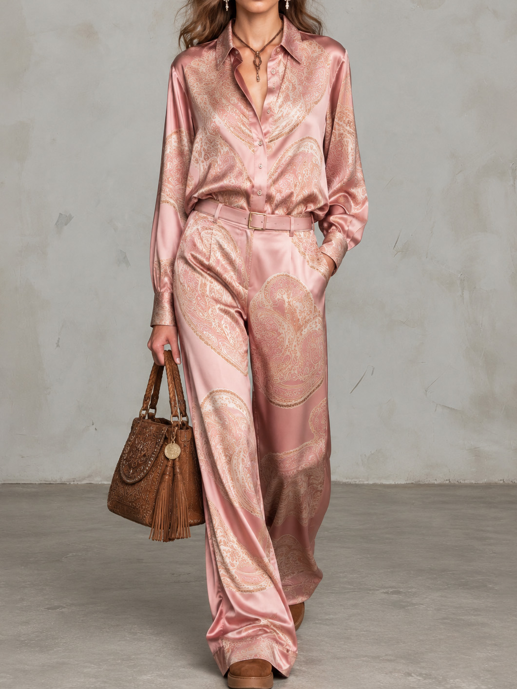 Paisley Print Long-sleeve Shirt And Wide-leg Trousers Set