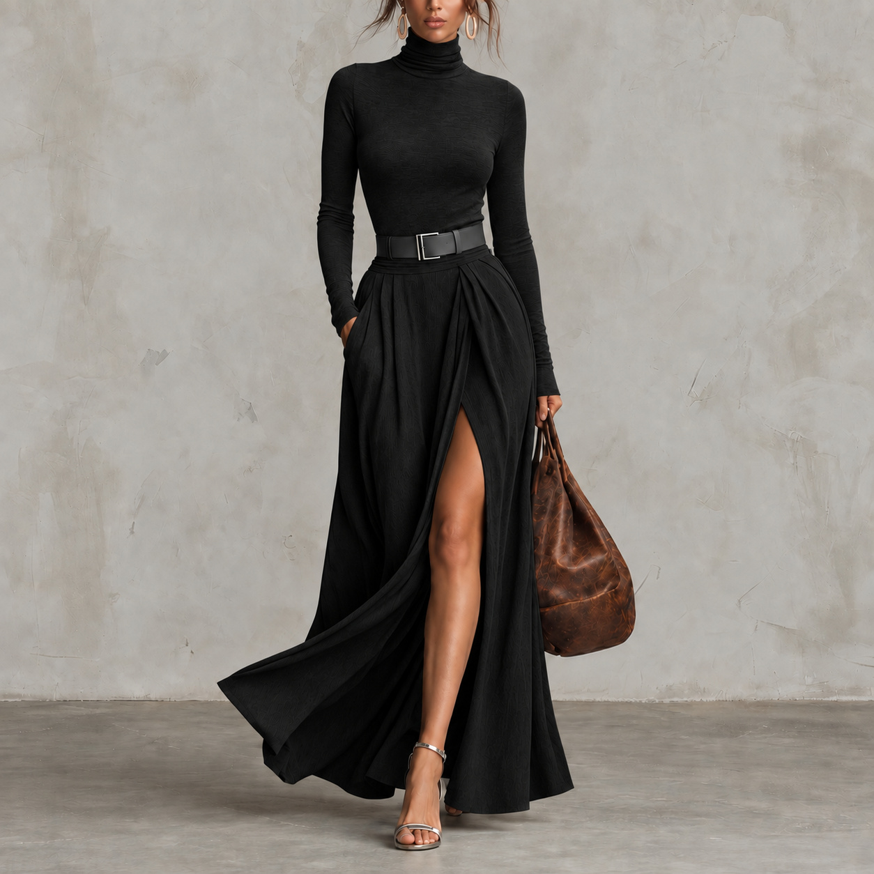 Elegant Turtleneck Long-Sleeve Belted Side-Slit Maxi Dress