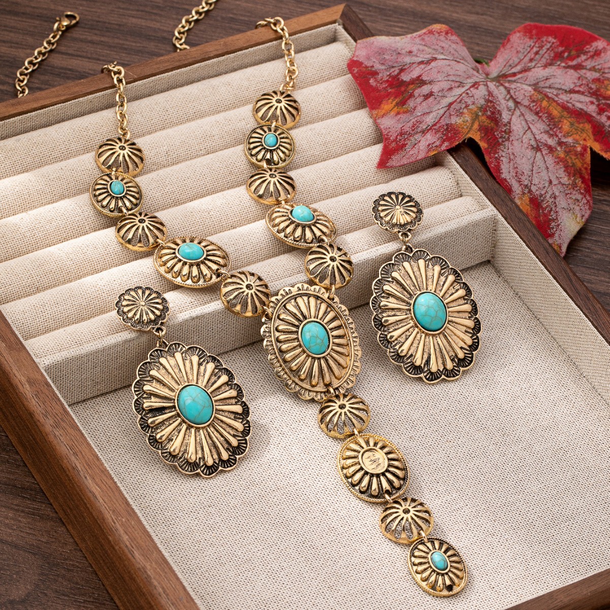 2pcs/set Vintage Sunflower Necklace And Earring Set