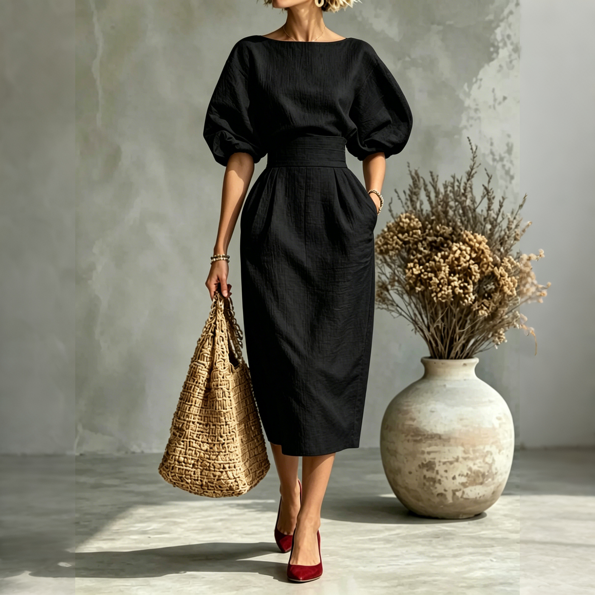 Elegant Pleated Waist Boat Neck A-line Skirt With Puff Sleeves Max Dress