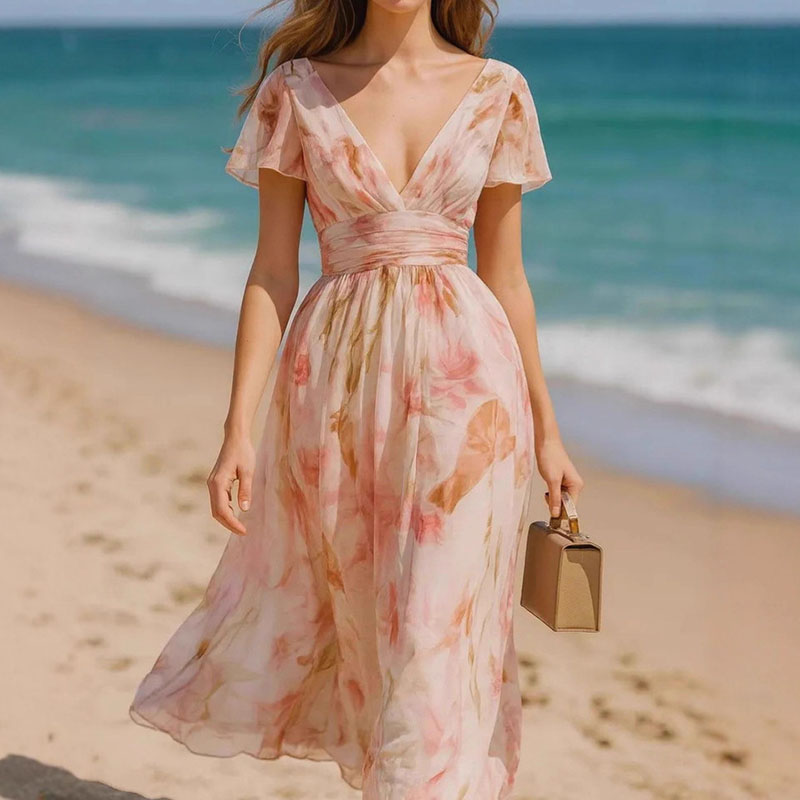 Women's High Waist Printed French Short Sleeve Dress