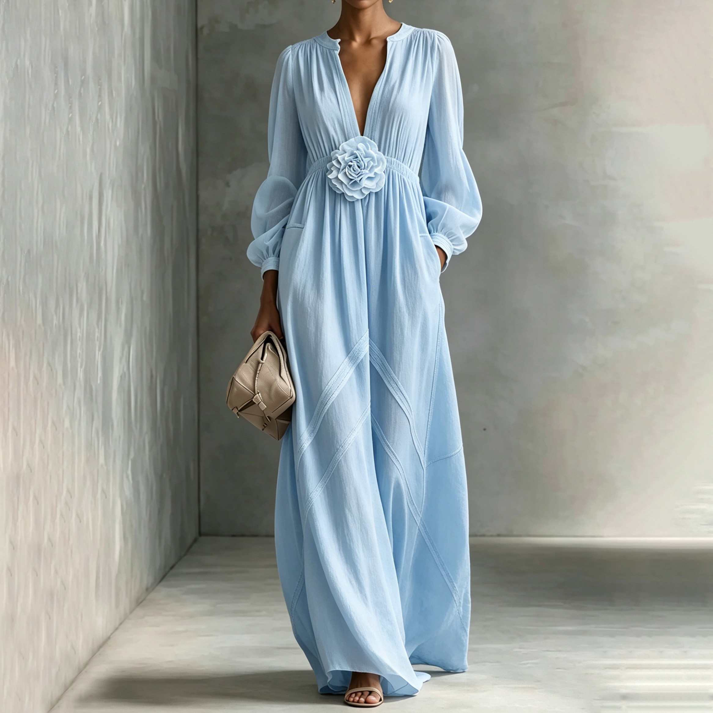 Elegant Three-dimensional Flowers Long Sleeves Dress