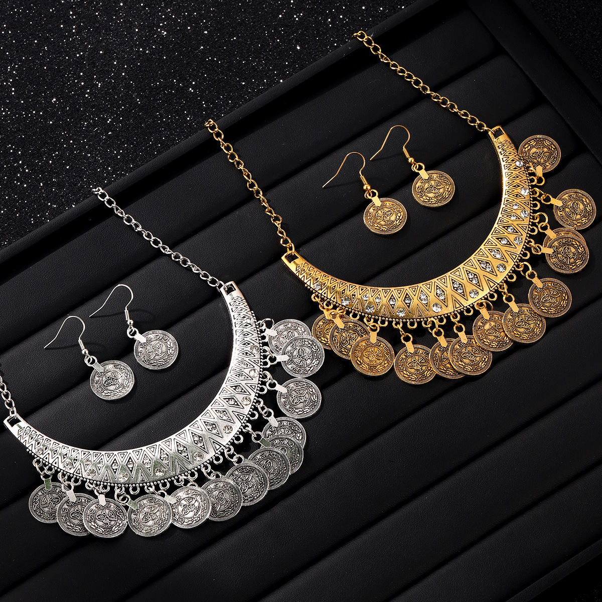 2pcs/set Vintage-style Rhinestone Coin Earrings And Coin Tassel Necklace Jewelry Set