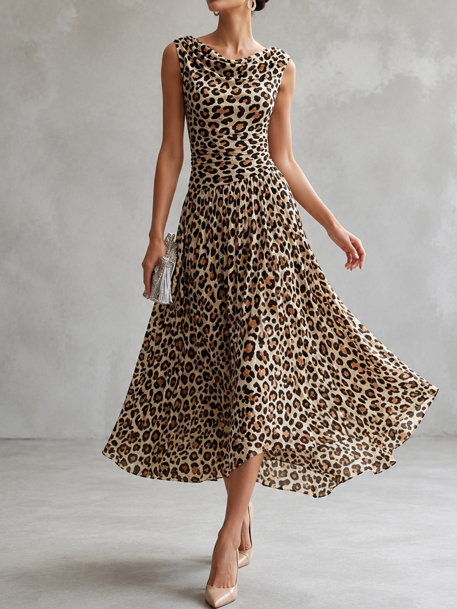 Retro French Sleeveless Pile Collar Waist Leopard Print Dress
