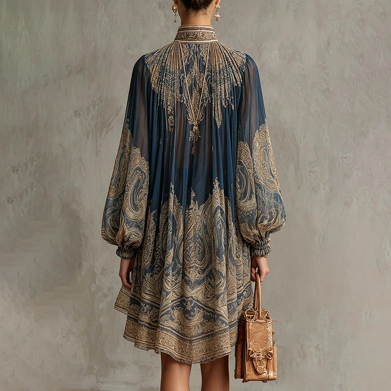 Elegant Print Long Sleeve Loose Mini Dress