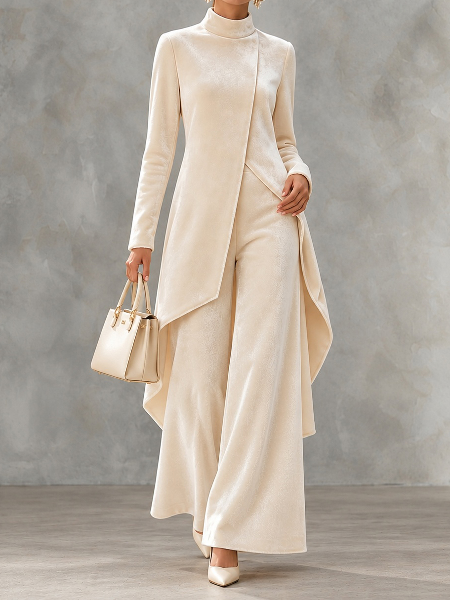 Velvet Asymmetric Long Sleeves And Stand Collar Two-piece Set