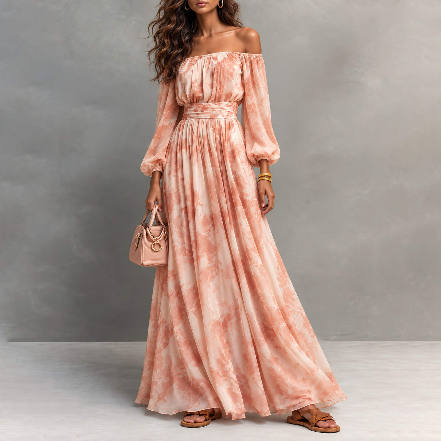 Elegant Off-the-shoulder Long-sleeve Printed Chiffon Top Maxi Dress