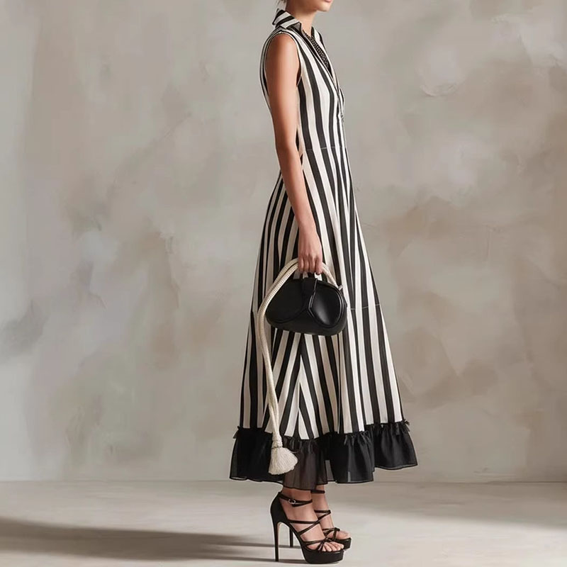 Fashion Striped Patchwork Mesh V-neck Vest Dress