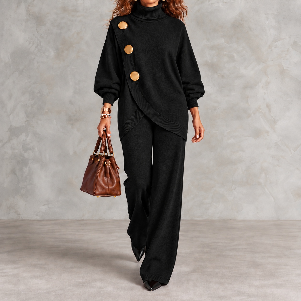 Asymmetric Pocket Button-detail Knit Sweater And Knit Trousers Two-piece Set