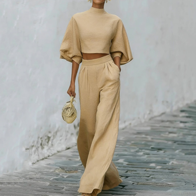 Casual High Waisted With Blended Crop Top Two-piece Set