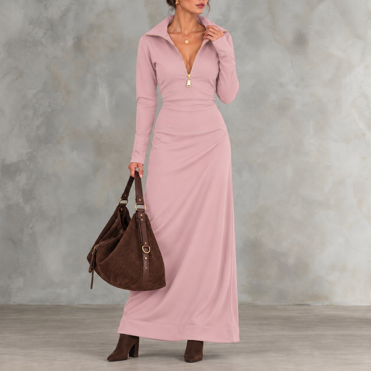 Elegant Solid-color Long-sleeve Casual Polo With A Half-zip Collar Maxi Dress