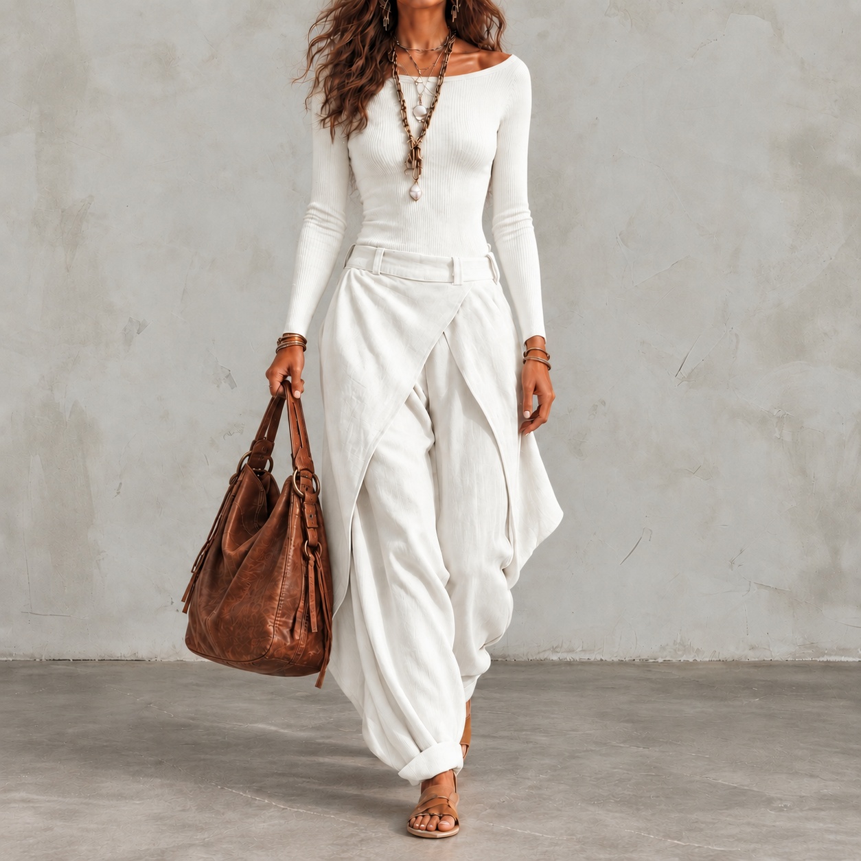 Off-shoulder Fitted Top And Asymmetric Wide-leg Trousers Two-piece Set