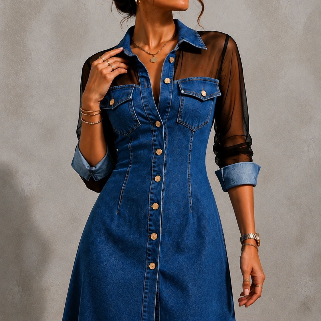 Elegant Mesh Long-sleeved Top With Faux Denim Hem And Slits Maxi Dress