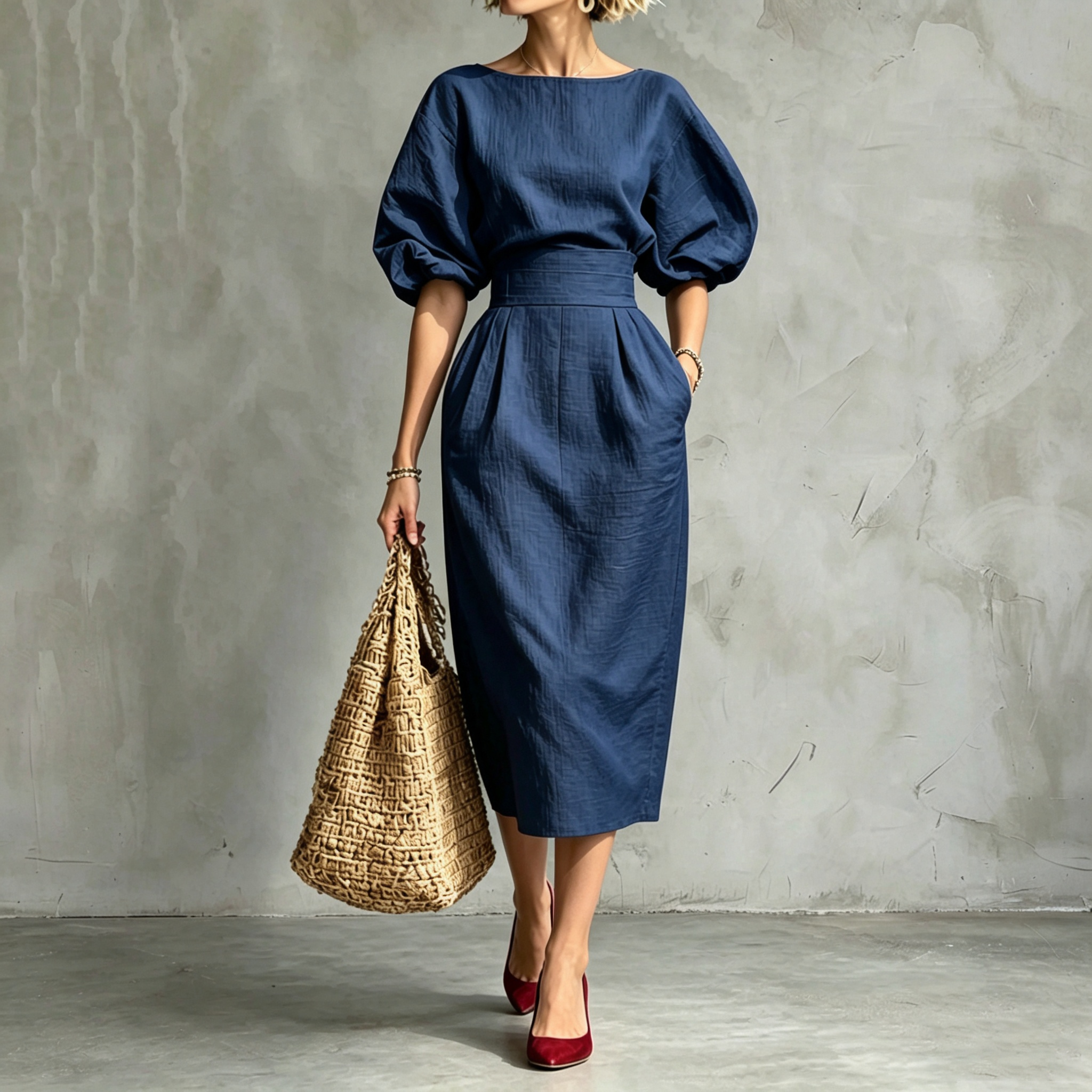 Elegant Pleated Waist Boat Neck A-line Skirt With Puff Sleeves Max Dress