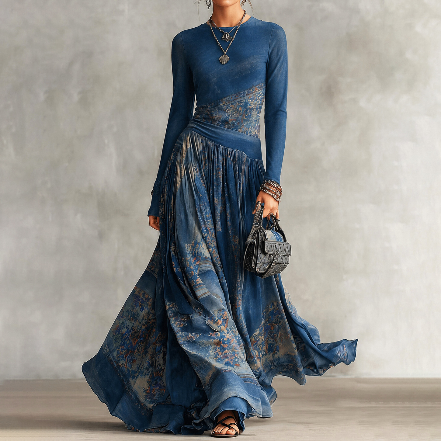 Elegant Retro Printed Long Sleeves Maxi Dress