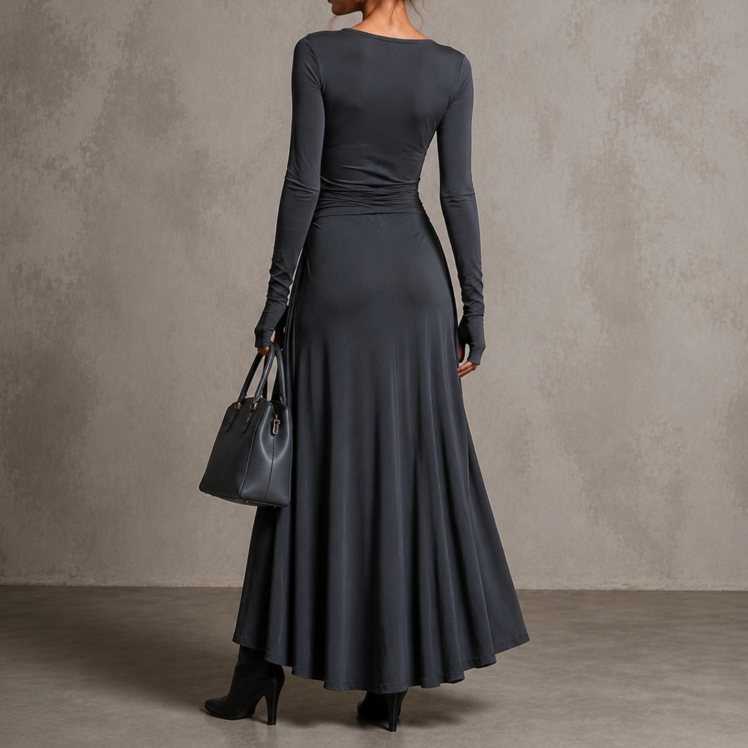 Elegant Solid Color Stretch Fabric Long Sleeve Maxi Dress