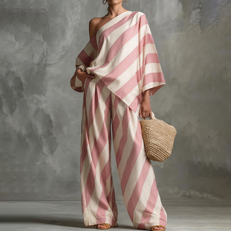 Stylish Retro Striped Printed Top And Wide-leg Pants Set