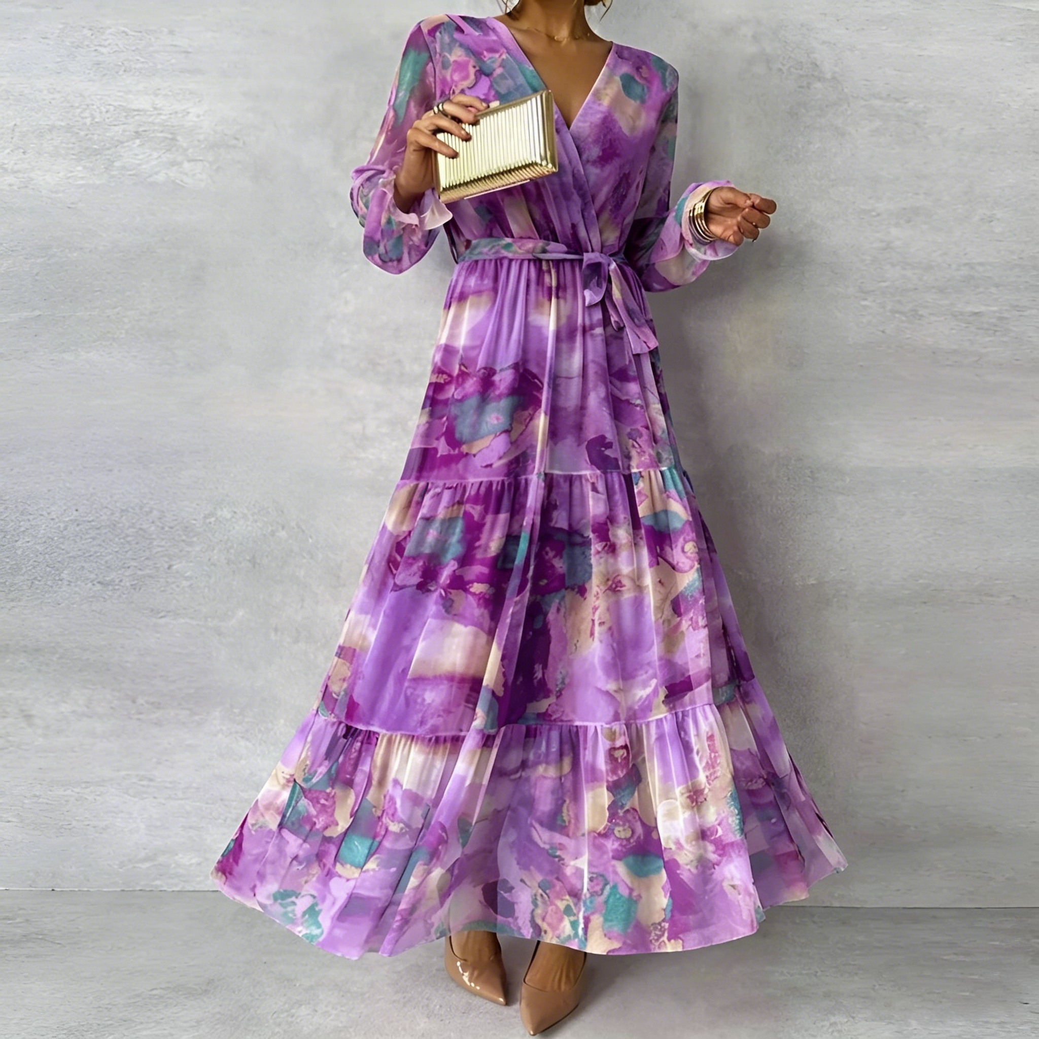 Women's Elegant Floral Print Lace-up Paneled Full-length Dress