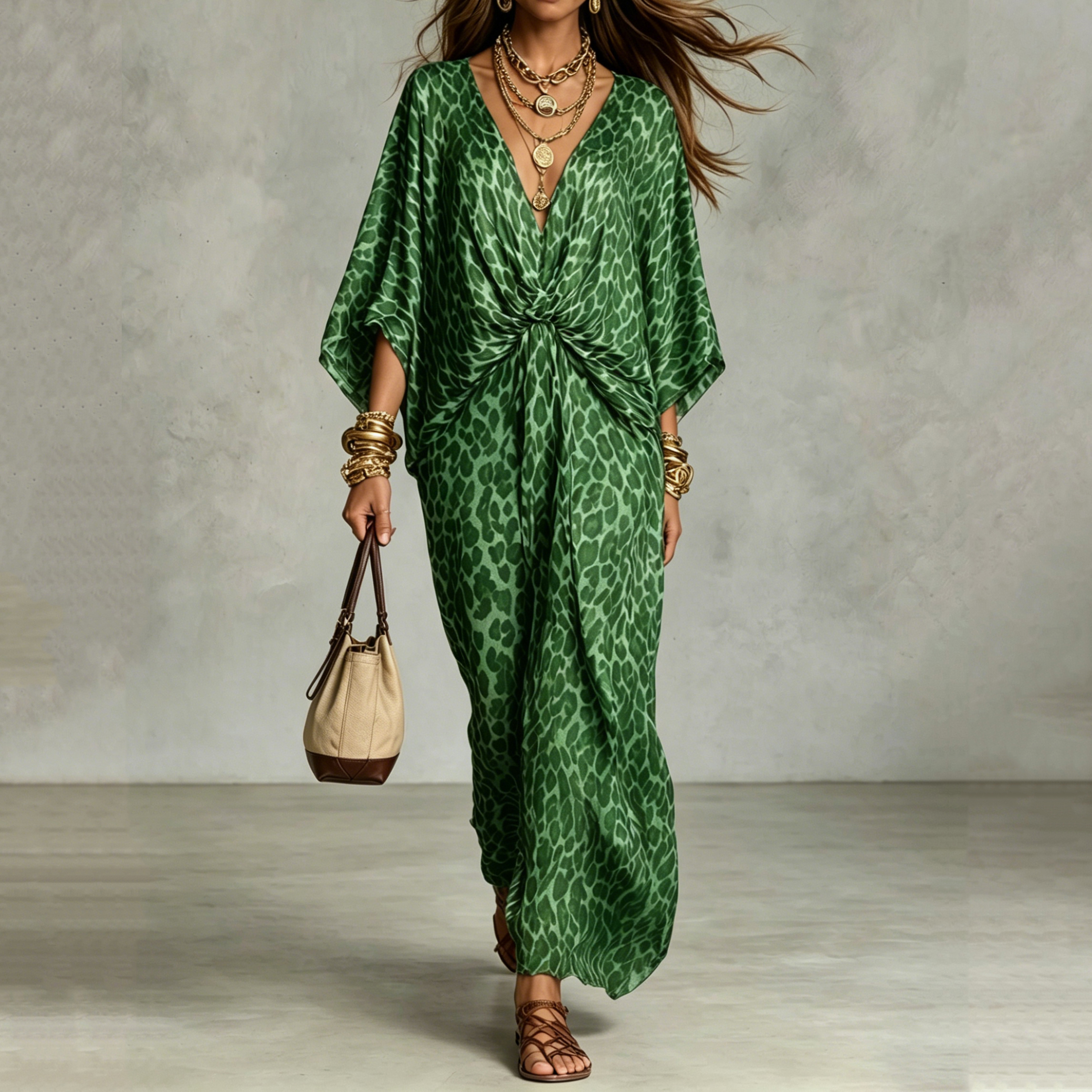 Vacation V-neck  Leopard Print Waist Beach Maxi Dress