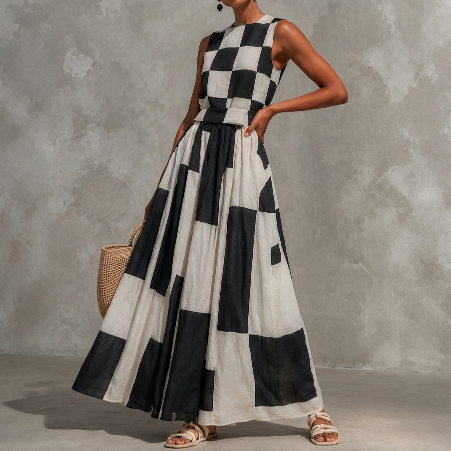 Vacation Checkered Sleeveless Patchwork Maxi Dress