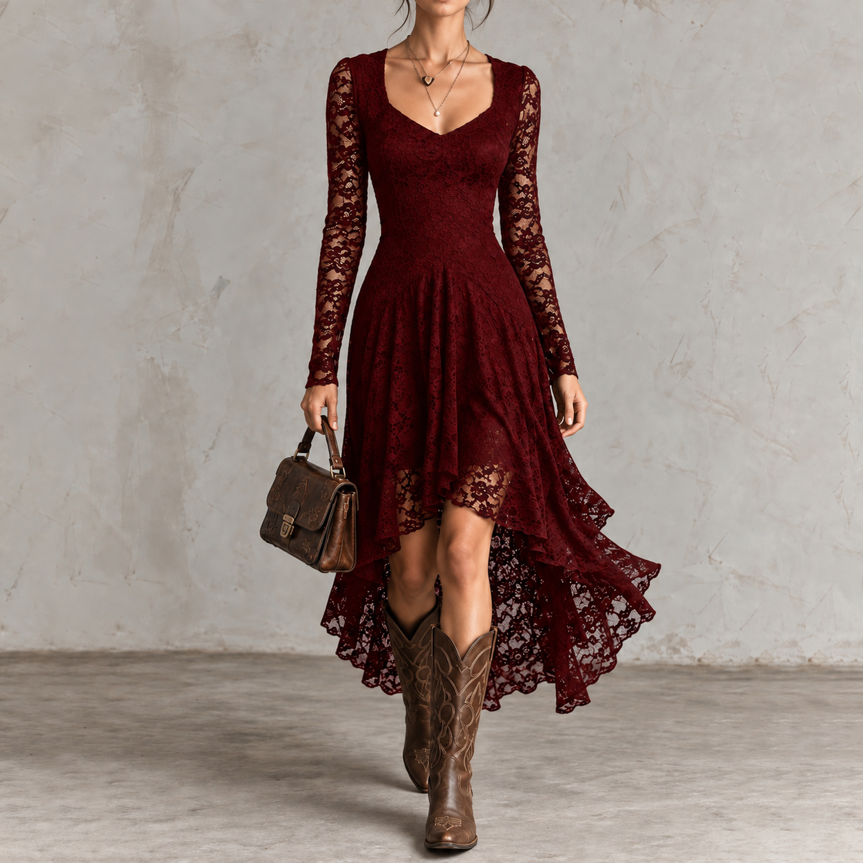 Elegant Solid-color Lace Square Neckline Maxi Dress