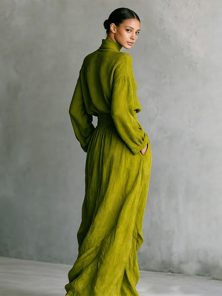 Vintage Classy Shirt & Skirt Flowy Linen Two Piece Set