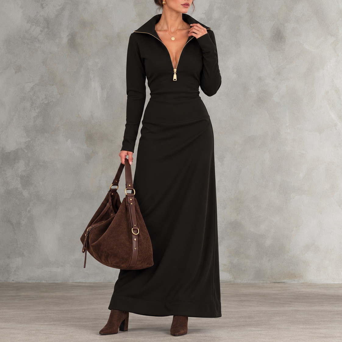 Elegant Solid-color Long-sleeve Casual Polo With A Half-zip Collar Maxi Dress