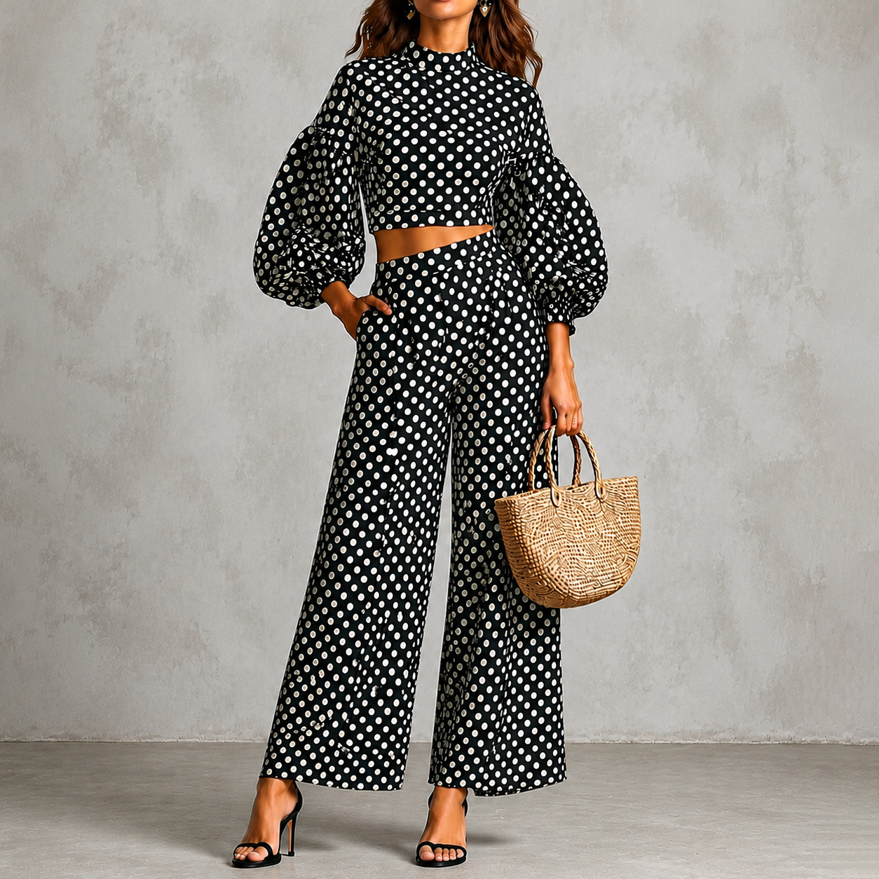 Polka Dot Lantern Sleeve Top And Wide-leg Pants Two-piece Set