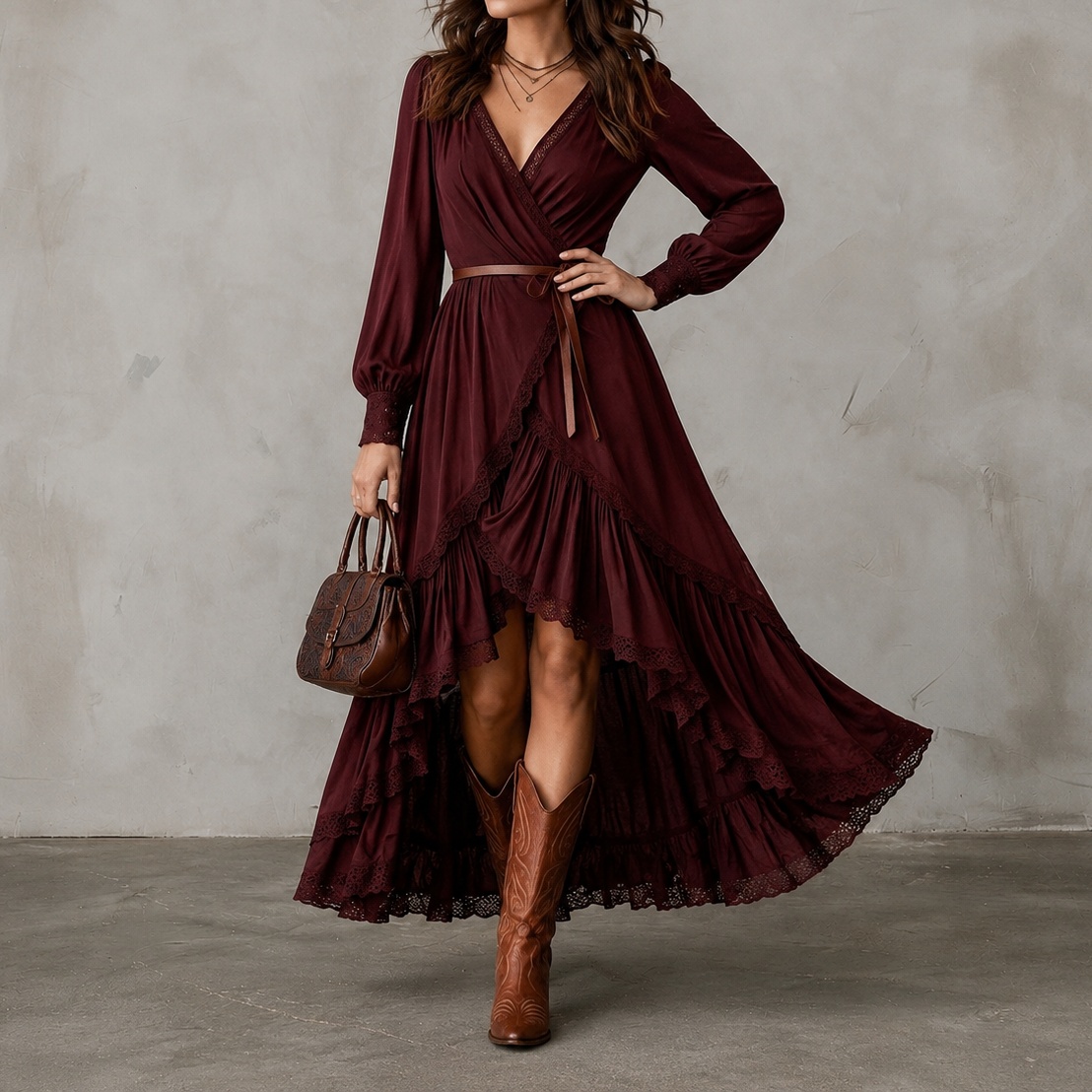 Retro V-neck Lace Trim Multi-layered Asymmetrical Hem Maxi Dress