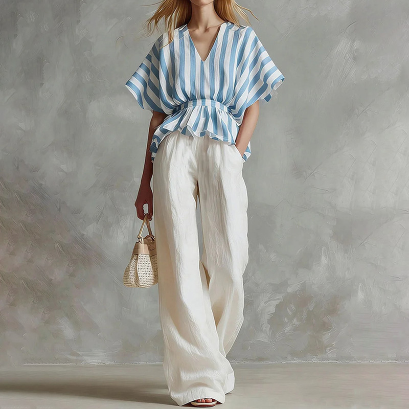 Striped Linen Waist-cinching Top And White Wide-leg Pants Two-piece Set